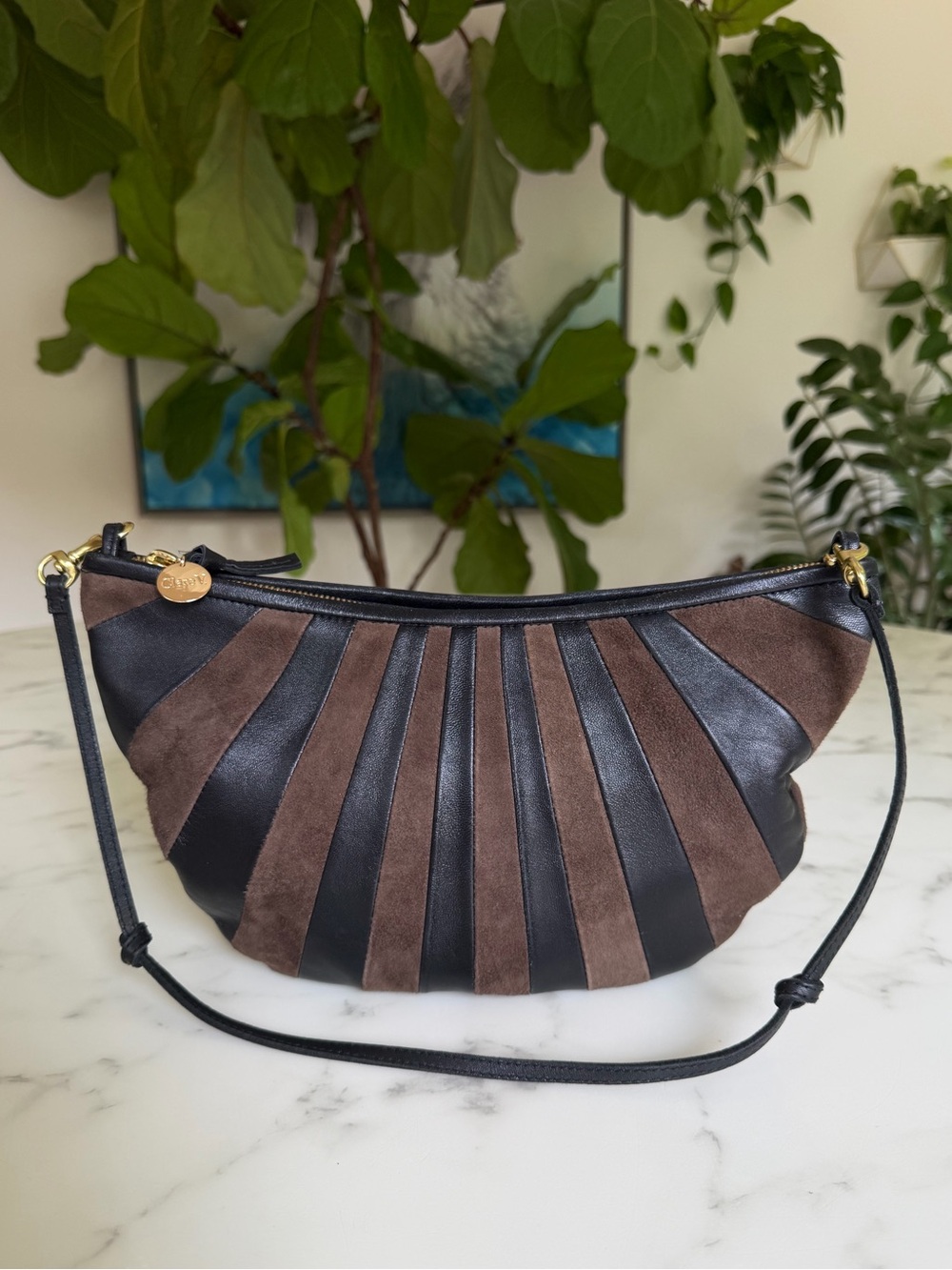 Clare V Lune Bag in Sunburst Black Chocolate Leather Suede Crescent Shoulder
